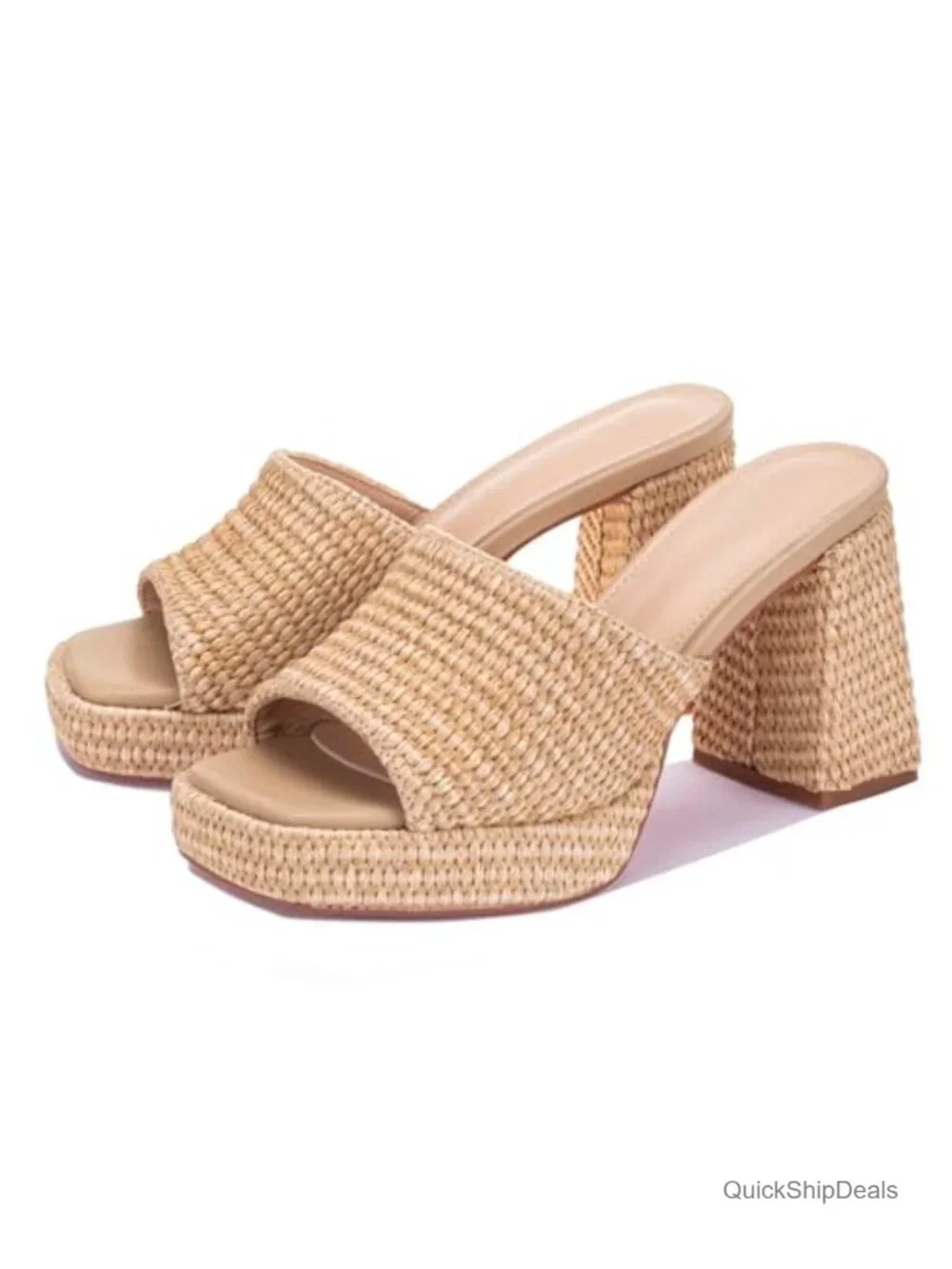 Straw Woven Raffia Platform Wedge Heeled Sandals, Slip On Open Toe